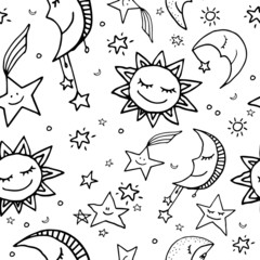 Seamless pattern of sun, moon and stars