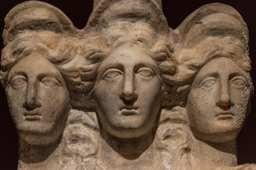 Three headed roman-asian ancient statue of beautiful women, Godd