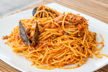 Plate of spaghetti with seafood