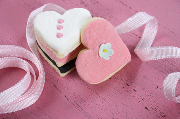 Romantic heart shape pink, white and black cookies 
