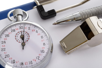 Clipboard With Whistle; Pen; Paper And Stopwatch