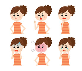 A set of six pose variations of young unhappy woman