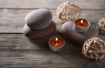 Composition of spa treatment on wooden background