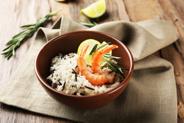 Tasty rice served on table, close-up