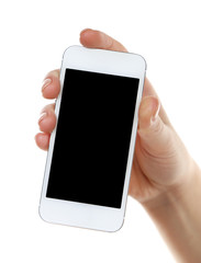 Hand holding mobile smart phone isolated on white