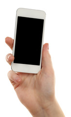 Hand holding mobile smart phone isolated on white