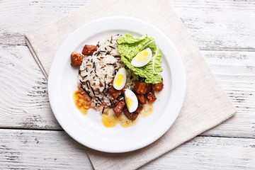 Tasty rice served on table, close-up