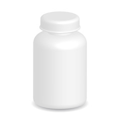 White plastic medical container bottle on white background