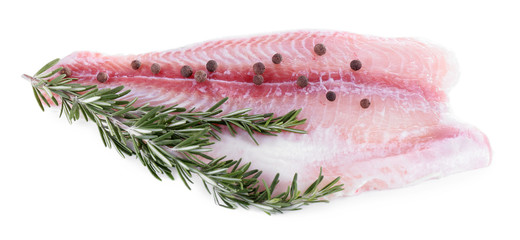 Pangasius fillet with pepper and rosemary sprigs isolated