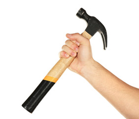Male hand with hammer isolated on white