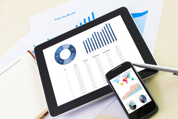 digital tablet and smartphone with financial chart report, paper