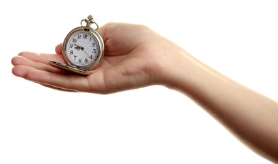 Silver pocket clock in hand isolated on white