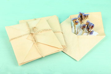 Old letters with dry flowers on wooden background