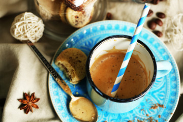 Beautiful composition with dirty cup of cappuccino
