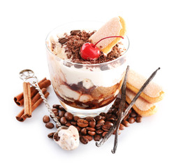 Tasty tiramisu dessert in glass, isolated on white