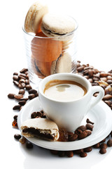 Gentle colorful macaroons and black coffee in mug isolated
