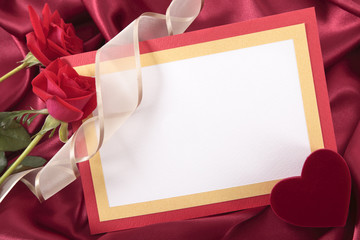 Valentine card with ribbon, roses and gift box