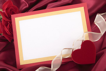 Valentine card with ribbon, roses and gift box