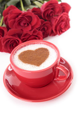 Valentine coffee with roses on isolated white background