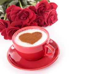 Valentine coffee with roses on isolated white background