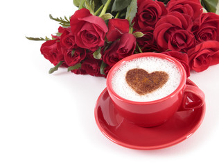 Valentine coffee with roses on isolated white background