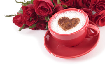 Valentine coffee with roses on isolated white background