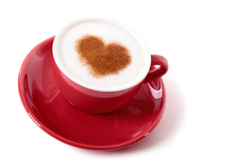 Valentine coffee cup with heart shape chocolate dusting
