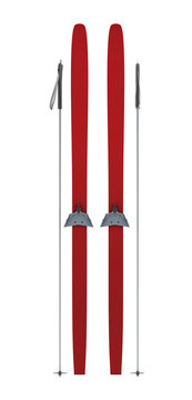 Red skis and sticks front view