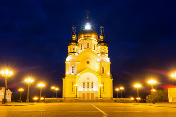 Fototapeta na wymiar Saviour Transfiguration Cathedral with night illumination, Khaba