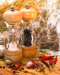 salt and pepper mill with ingredients around