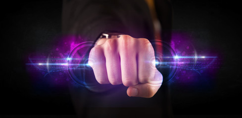 Fototapeta premium Business man holding future technology data system network