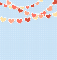 Hearts buntings garlands on blue background