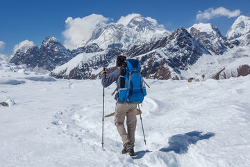 Fototapeta na wymiar Hiker on the trek in Himalayas, Khumbu valley, Nepal