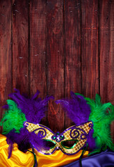 Mardi Gras: Feathered Mask With Wooden Copyspace Above