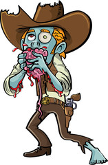 Cartoon zombie cowboy eating a brain