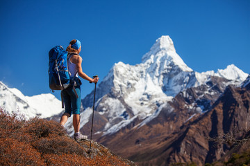 Hiker on the trek in Himalayas, Khumbu valley, Nepal