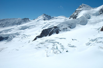Crevasses, ice and snow nearby Jungfraujoch in Switzerland