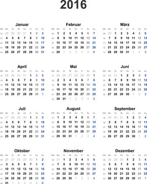 Kalender 2016 universal - ohne Feiertage
