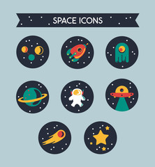 Set de iconos del espacio con estrellas, cohete y planetas. © georgerod