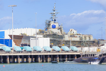 Fototapeta premium Destroyer under construction in a naval shipyard