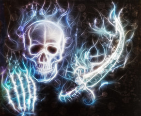 Skull with a hand, sword with bokeh and fractal