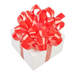 Gift box with red ribbon bow. Isolated on white