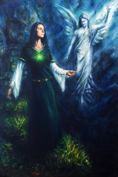 painting of a mystical woman in historical dress having a vision