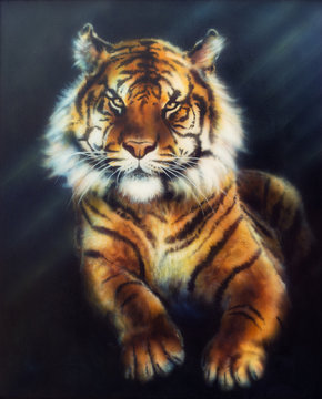 A beautiful oil painting on canvas of a mighty tiger looking up
