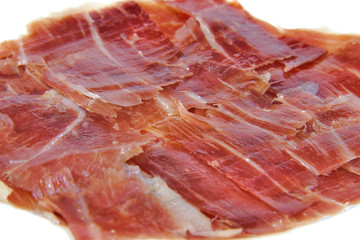 Closeup of spanish serrano ham on white background.