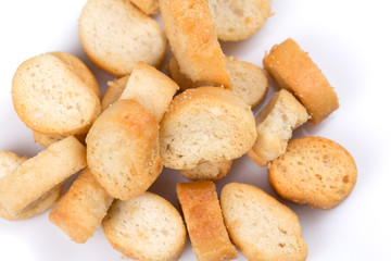 White bread croutons on a white background