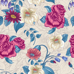 Seamless Floral Pattern with Roses and Wildflowers