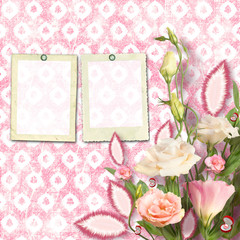 Bouquet of beautiful pink roses with the invitation or congratul