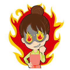 燃えるエプロンの若い女性