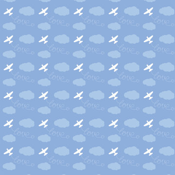 Airplane flying in the sky, love, seamless pattern